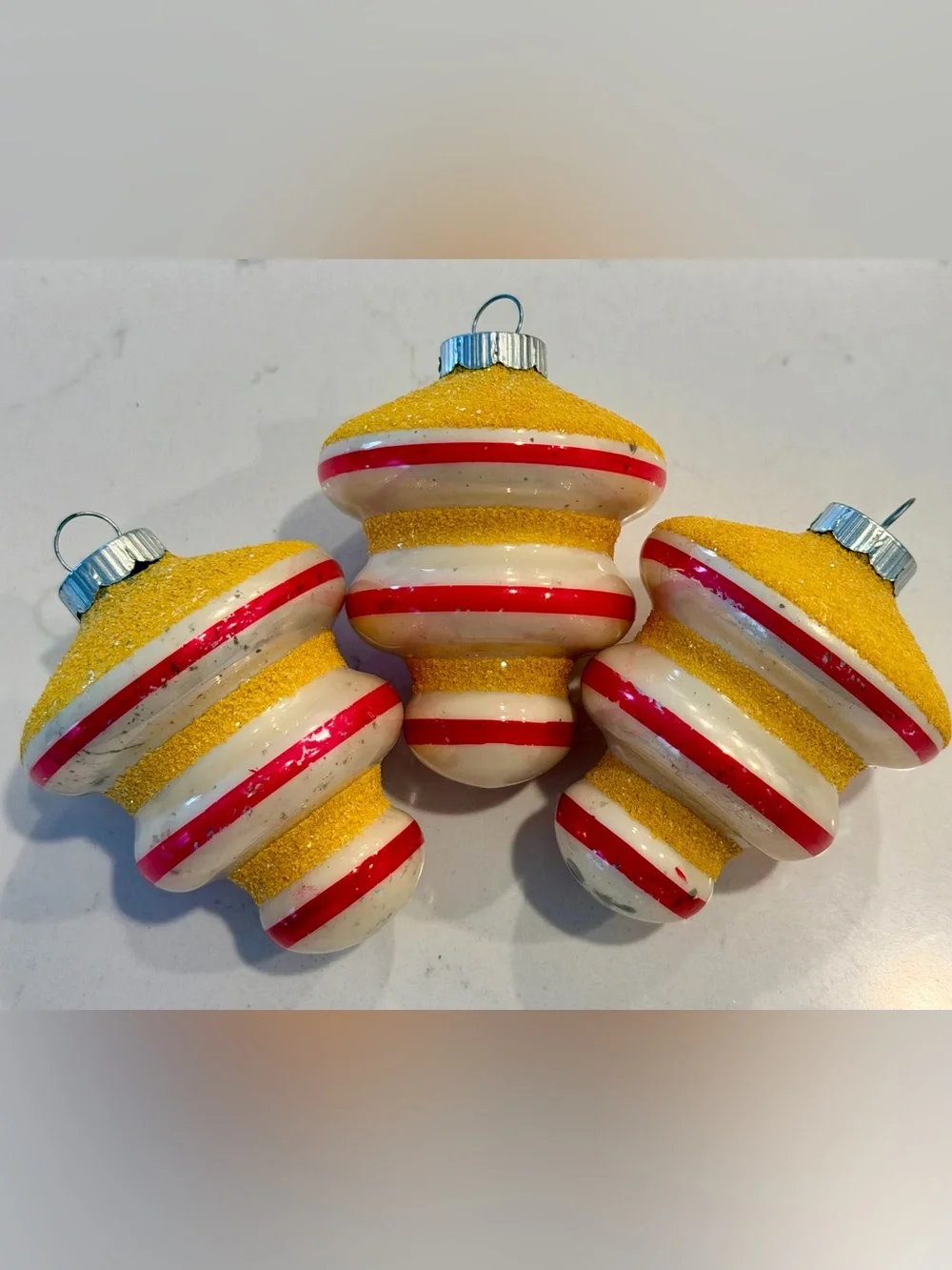 HTF Vintage Shiny Brite Yellow Mica & Red Striped Holiday Ornament Trio, Tornado